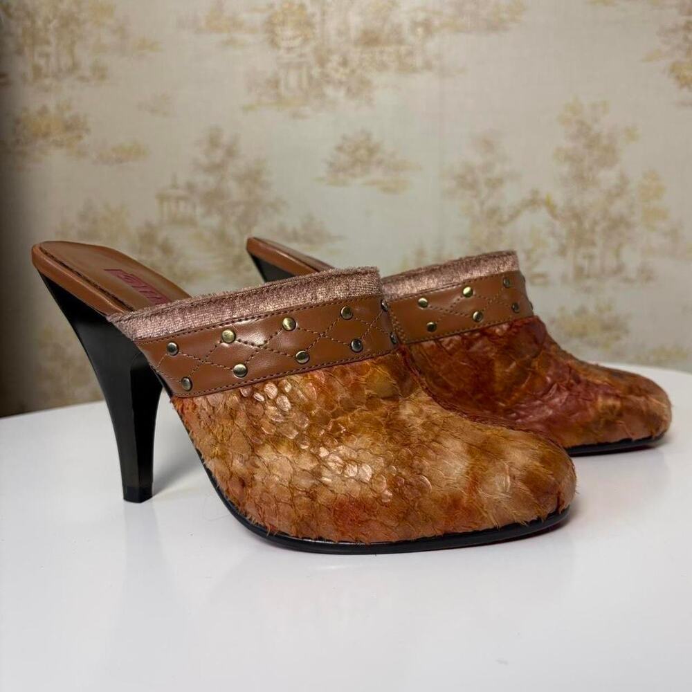 Vintage Y2K Latinas Studded Mules Womens 7 Faux Snakeskin Tan Stiletto Heels